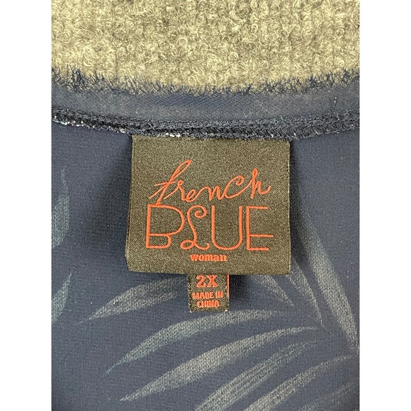 French Blue Floral Mesh Top Women 2X Navy Pink Excellent Flutter Sleeve V-Neck - Picture 4 of 11